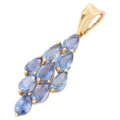 Long 4.36 Carat Blue Sapphire Pear Cut Pendant in 14K Yellow Gold