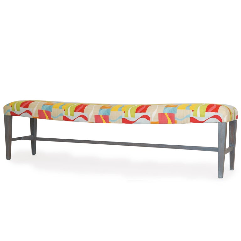 Our customizable accent bench features a bowed seat to provide ultimate comfort. Poplar wood with Swedish finish covered in a colorful geometric fabric by Jim Thompson. This bench can be bought as is or made to order and customized. 

COM