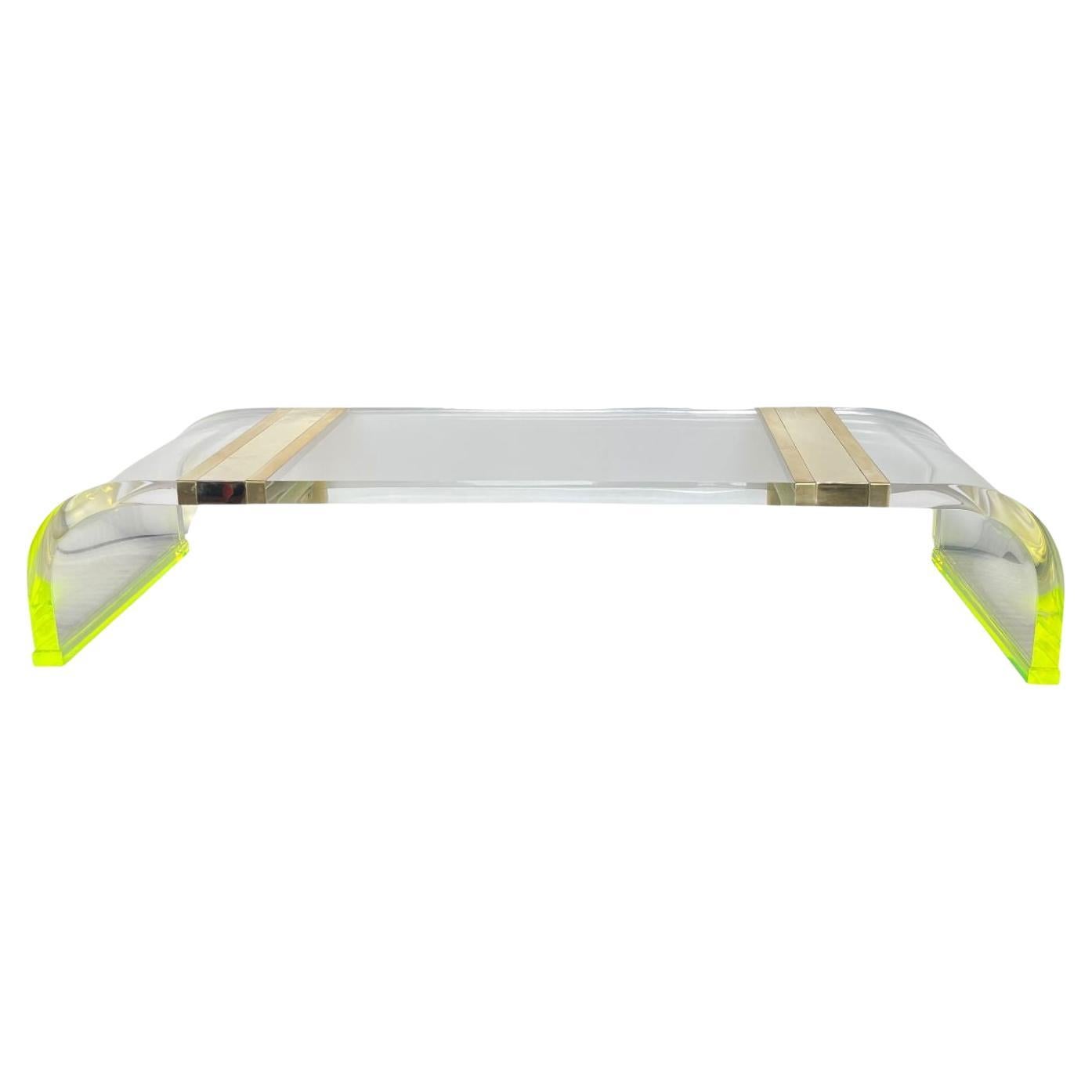 Long Acrylic Coffee Table w/ Brass & Fluorescent Green Details, U.S.A 1980's.