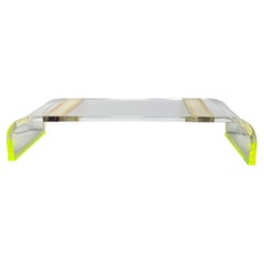 Long Acrylic Coffee Table w/ Brass & Fluorescent Green Details, U.S.A 1980's.