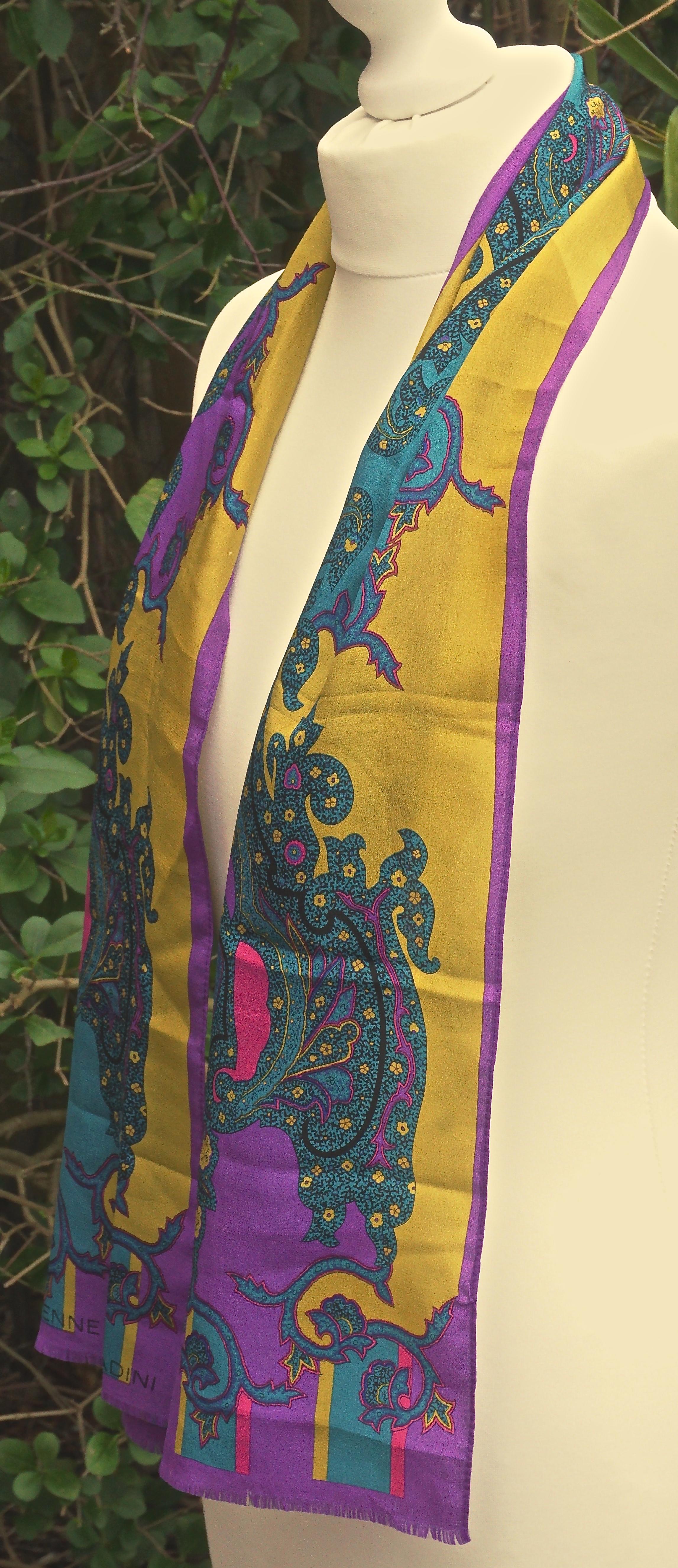Gray Long Adrienne Vittadini Pure Silk Scarf with a Multi Coloured Paisley Print