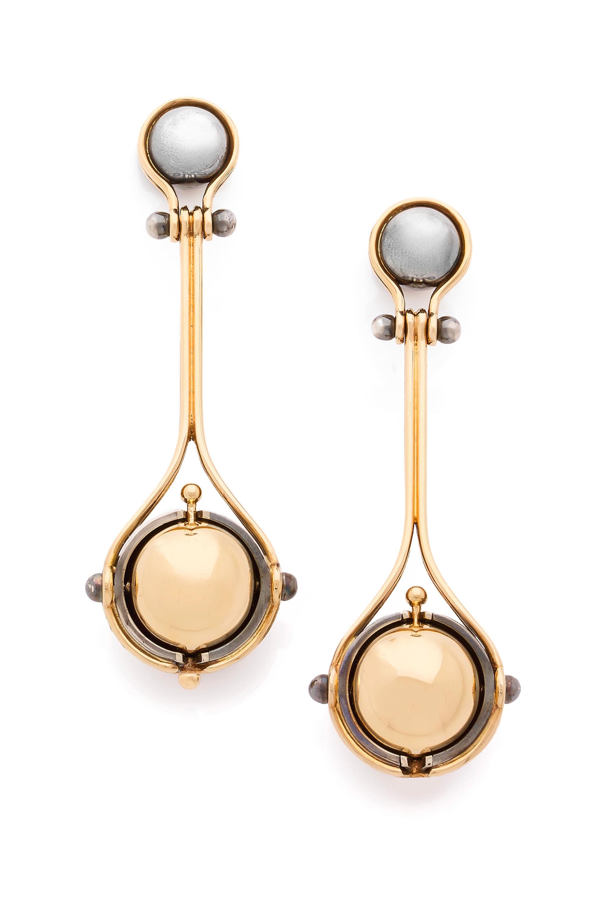 Neoclassical Long Akoya Pearls & Diamond Pluton Earrings in 18k Yellow Gold by Elie Top For Sale
