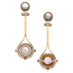 Long Akoya Pearls & Diamond Pluton Earrings in 18k Yellow Gold by Elie Top