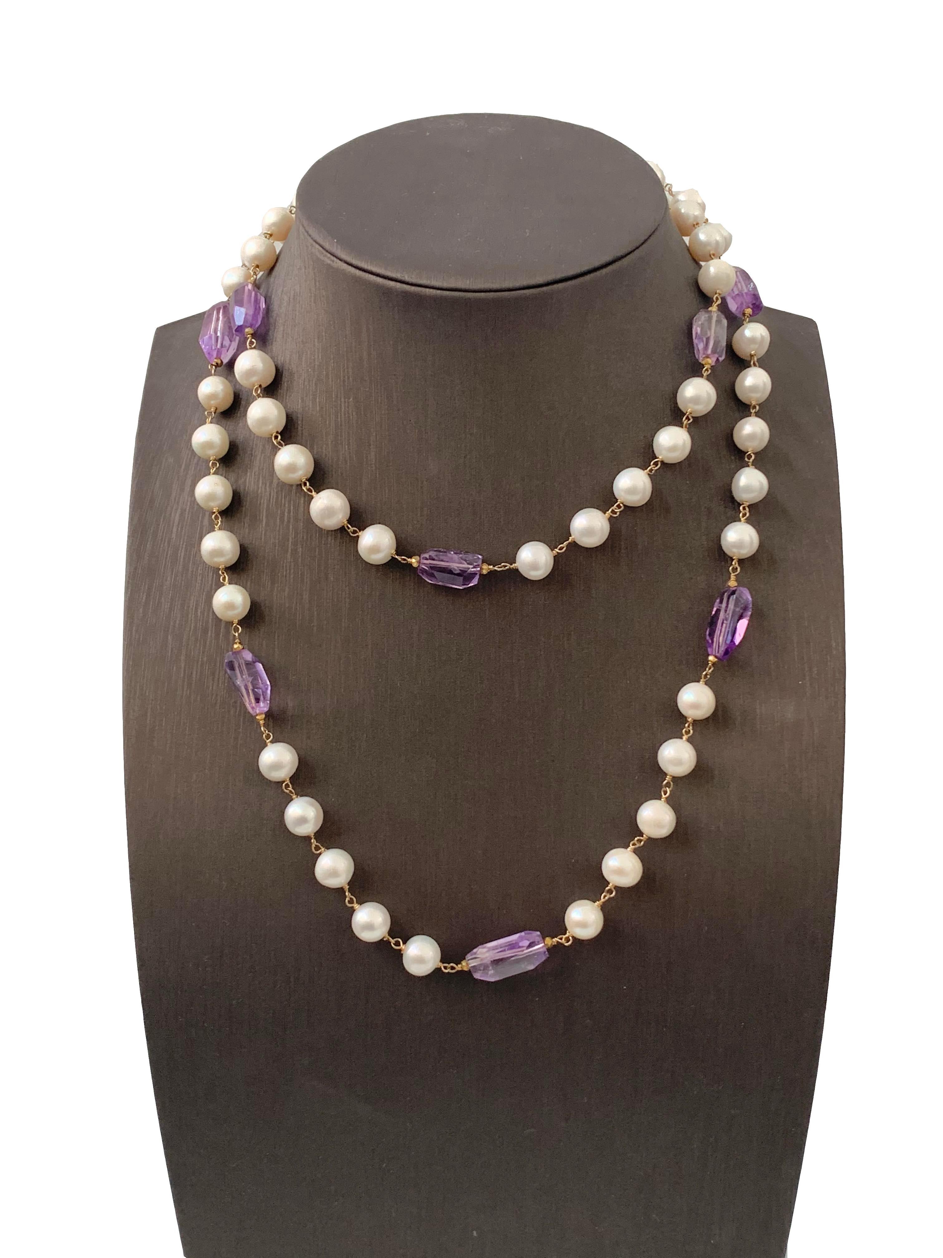 Long Genuine Faceted Amethyst and Cultured Pearl Necklace 43