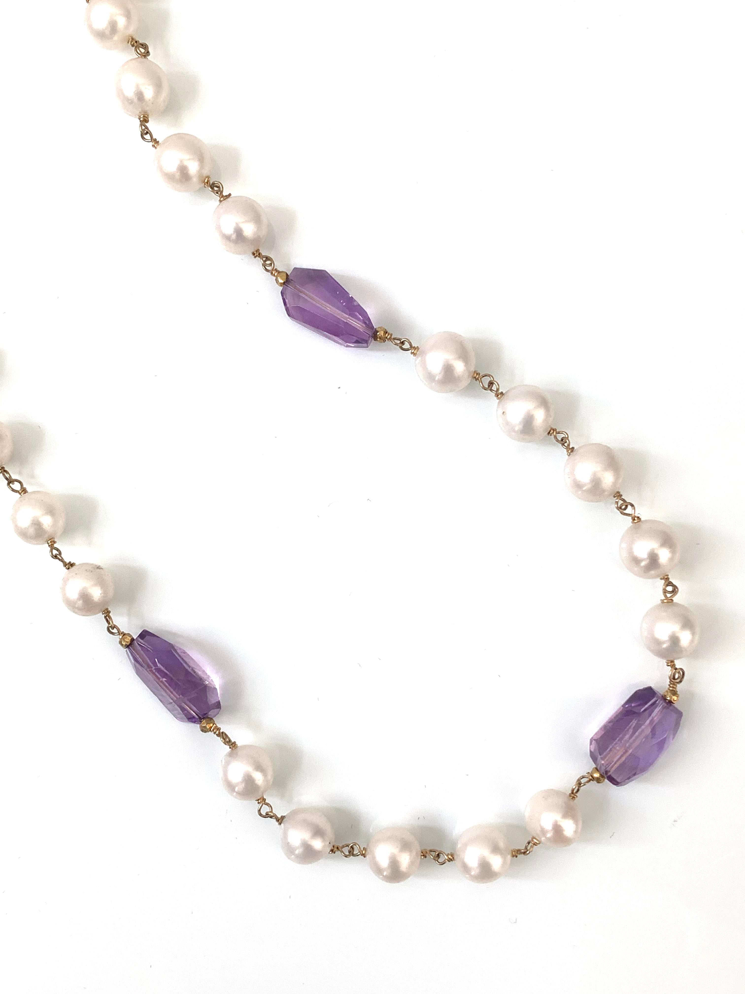Contemporary 18k gold-filled Genuine Faceted Amethyst and Cultured Pearl Necklace 43