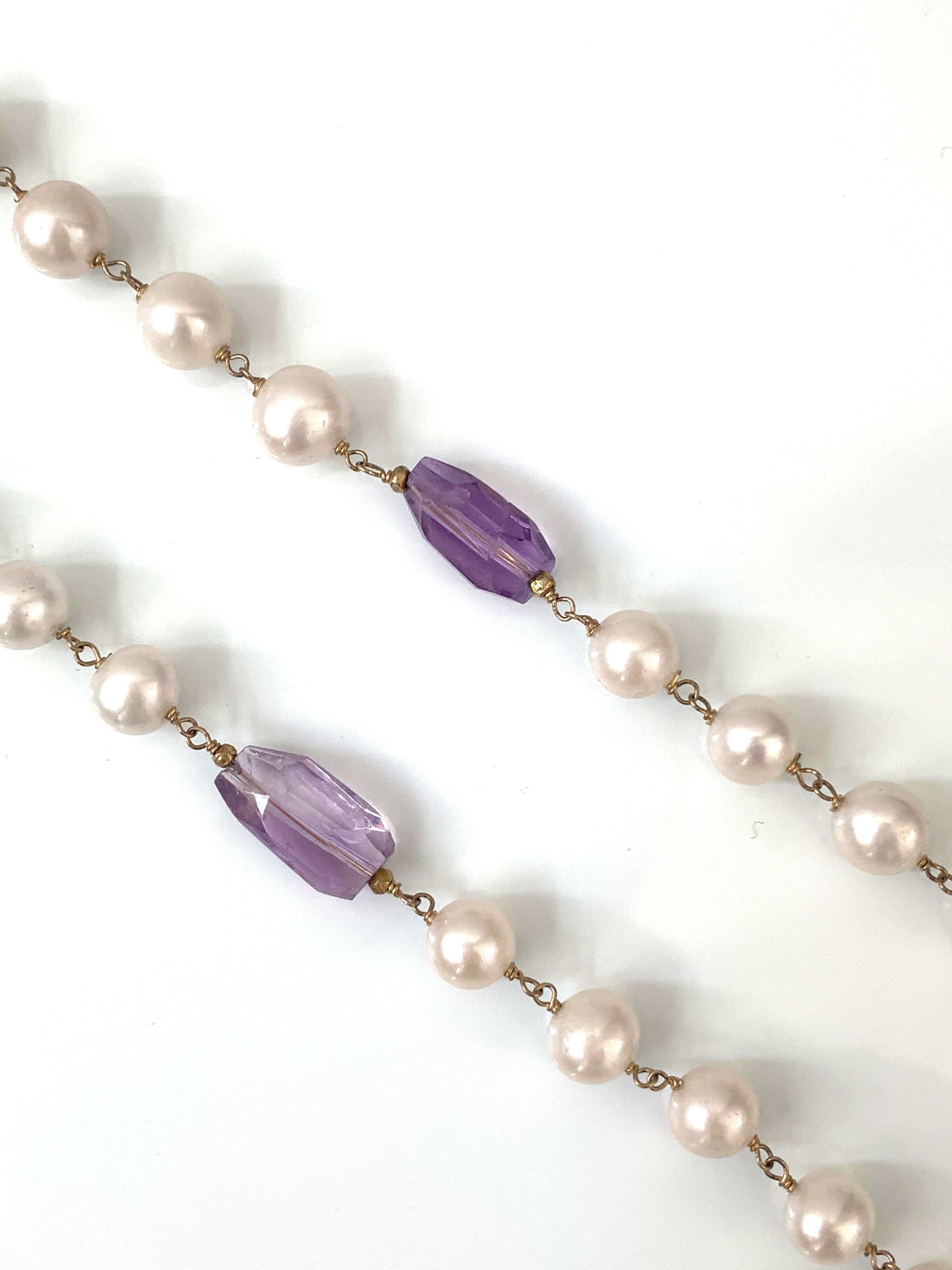 Uncut 18k gold-filled Genuine Faceted Amethyst and Cultured Pearl Necklace 43