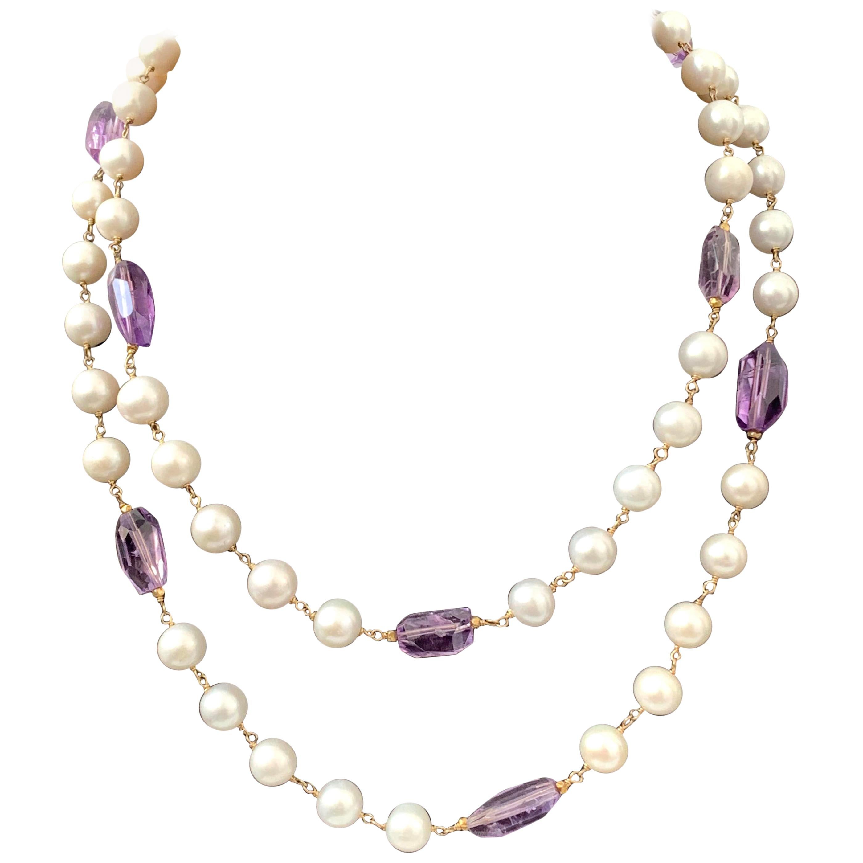 18k gold-filled Genuine Faceted Amethyst and Cultured Pearl Necklace 43"