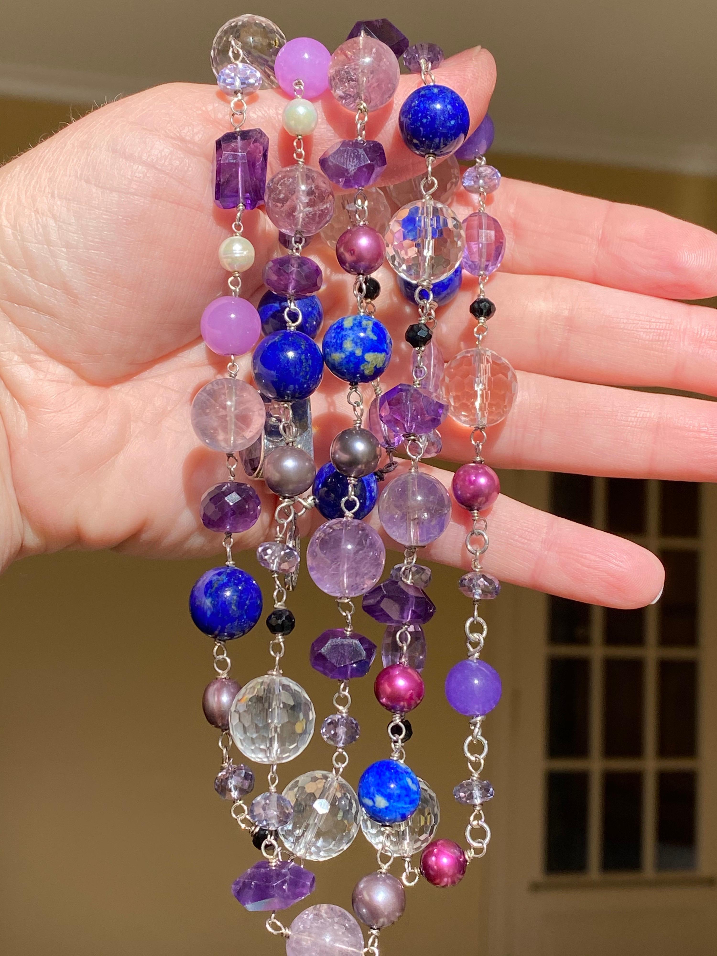 Artisan Long Amethyst and Multi-Gemstone Beaded Necklace with Sterling Silver Clasp For Sale