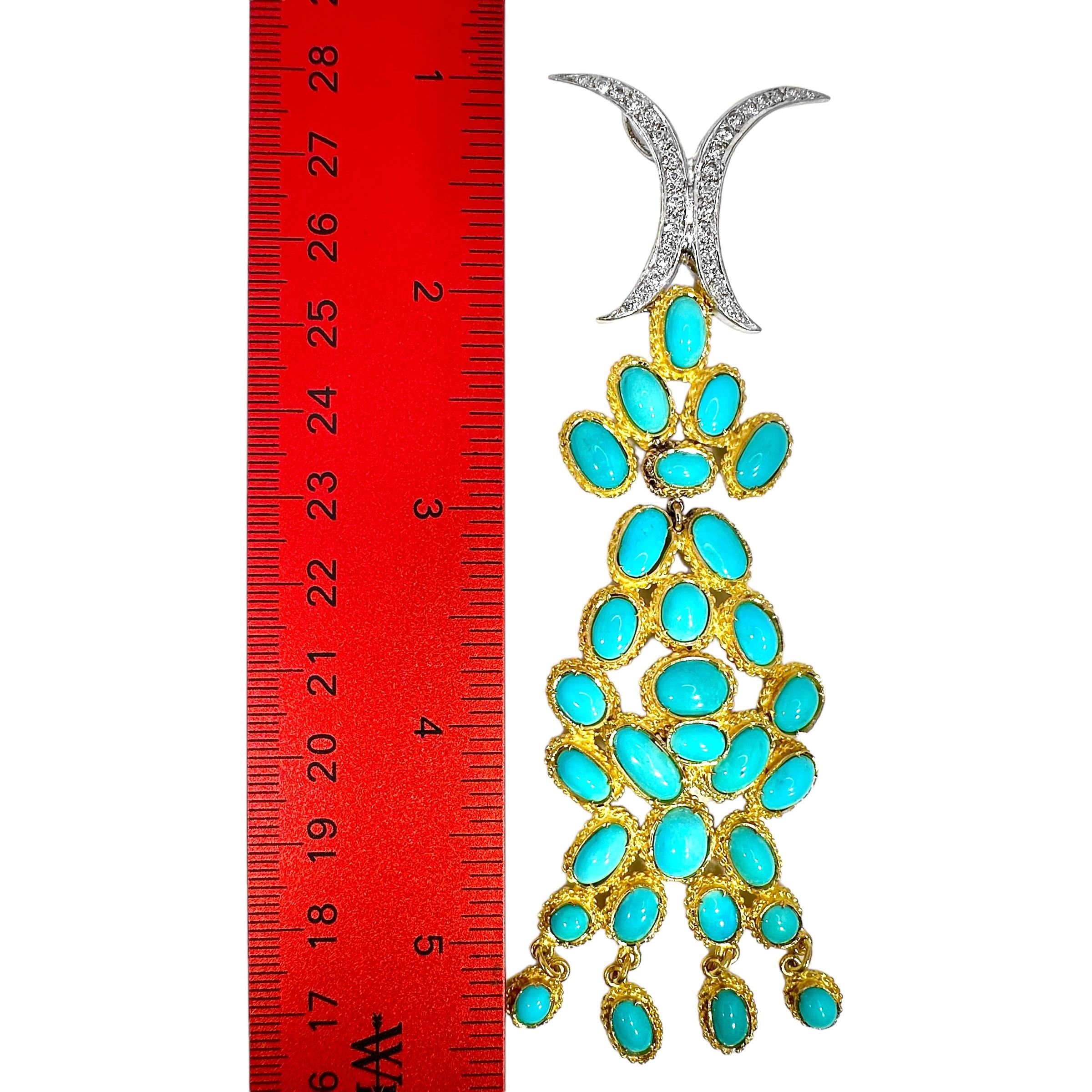 Brilliant Cut Long and Flexible Vintage Artisan Crafted Gold, Turquoise and Diamond Pendant For Sale