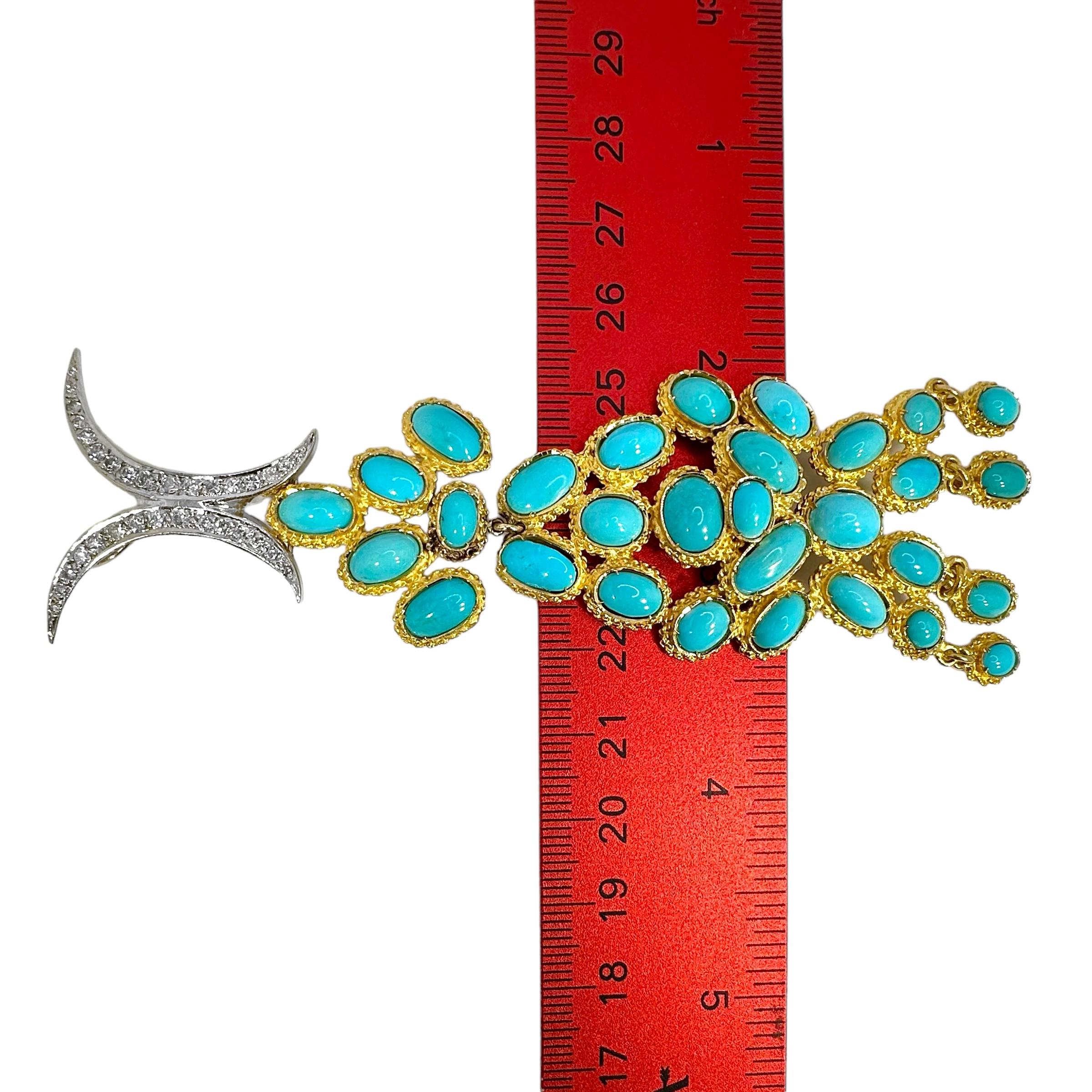 Taglio brillante Ciondolo lungo e flessibile in oro, turchese e diamanti, realizzato artigianalmente in stile vintage. in vendita