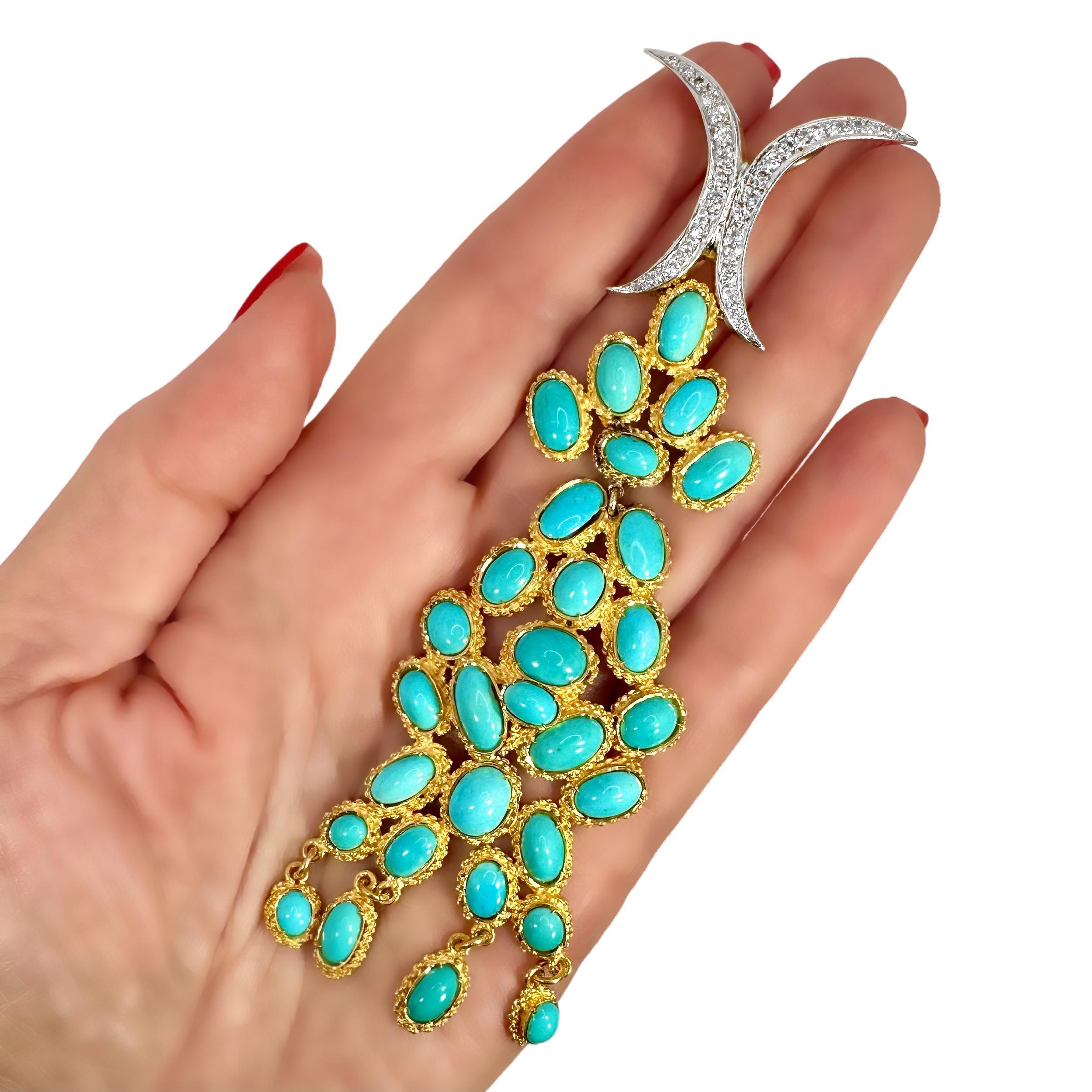 Women's Long and Flexible Vintage Artisan Crafted Gold, Turquoise and Diamond Pendant For Sale