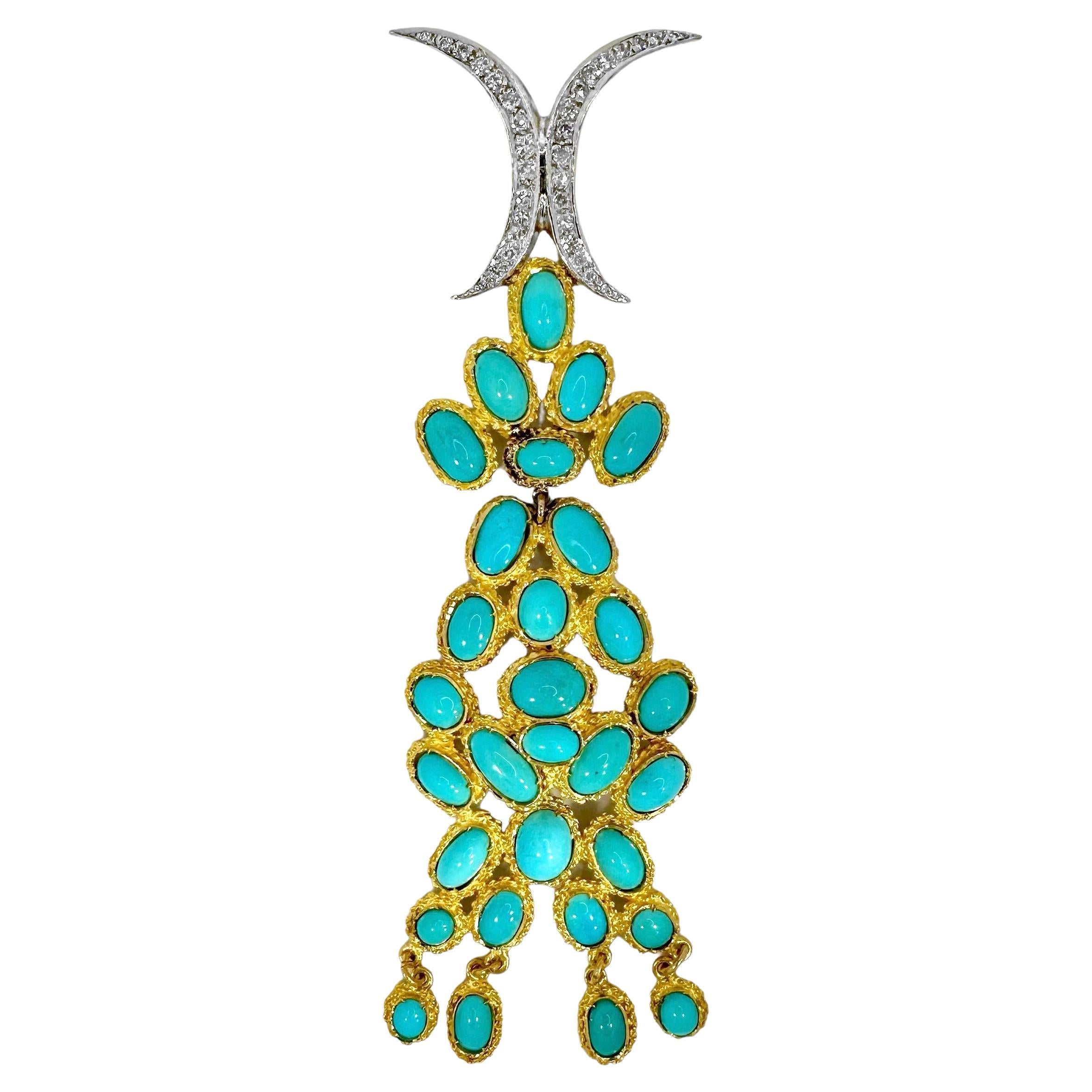 Pendentif artisanal vintage long et souple en or, turquoise et diamants