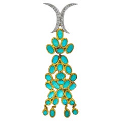 Long and Flexible Vintage Artisan Crafted Gold, Turquoise and Diamond Pendant