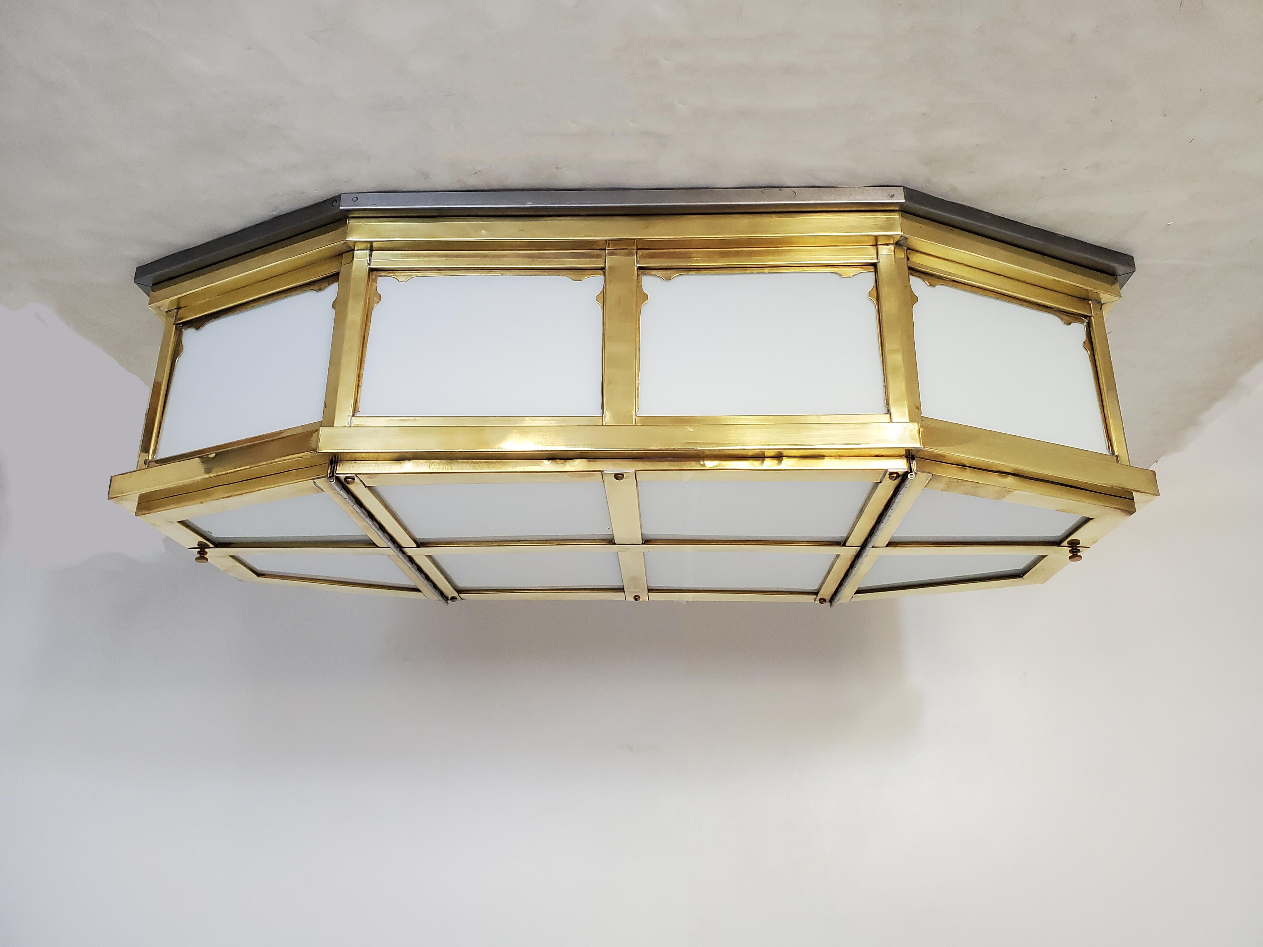 Long and Large Mid Century /Industrial Brass and Glass Flush Mount In Good Condition For Sale In New York City, NY