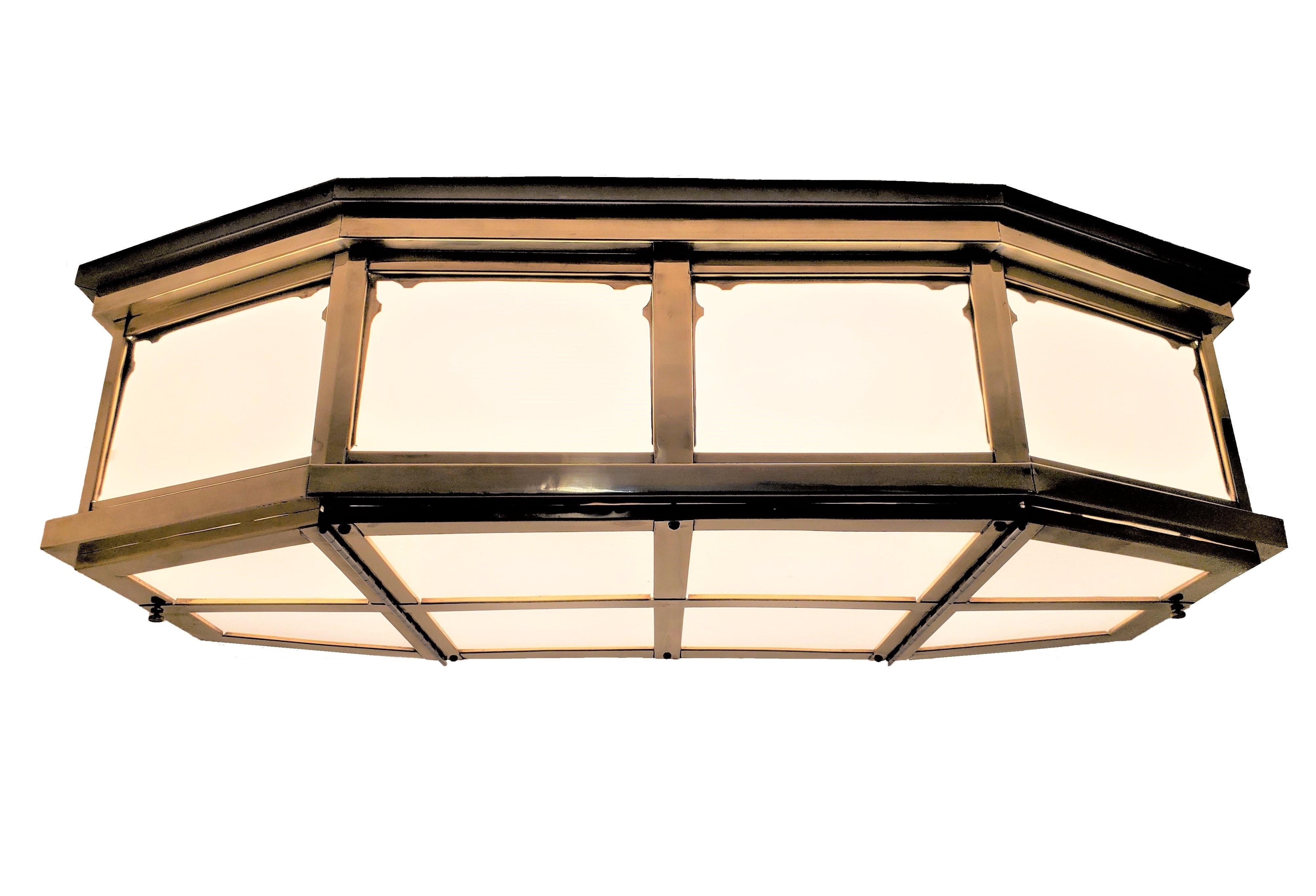 20th Century Long and Large Mid Century /Industrial Brass and Glass Flush Mount For Sale