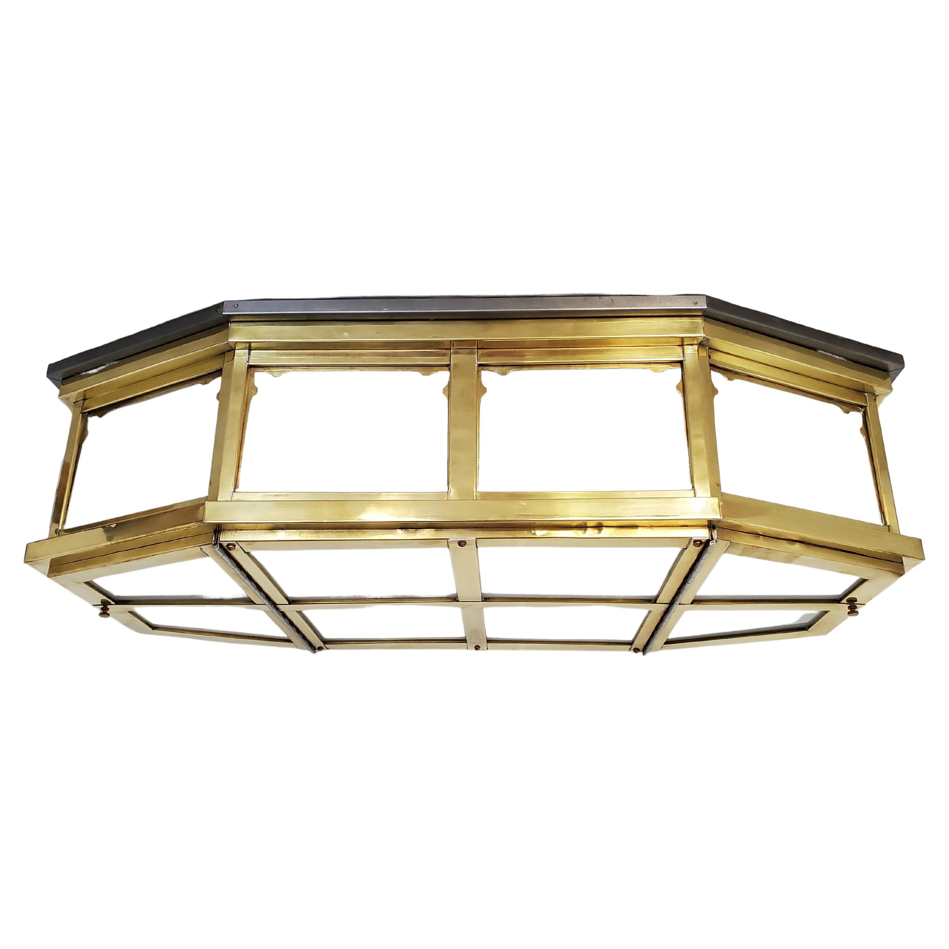Long and Large Mid Century /Industrial Brass and Glass Flush Mount For Sale