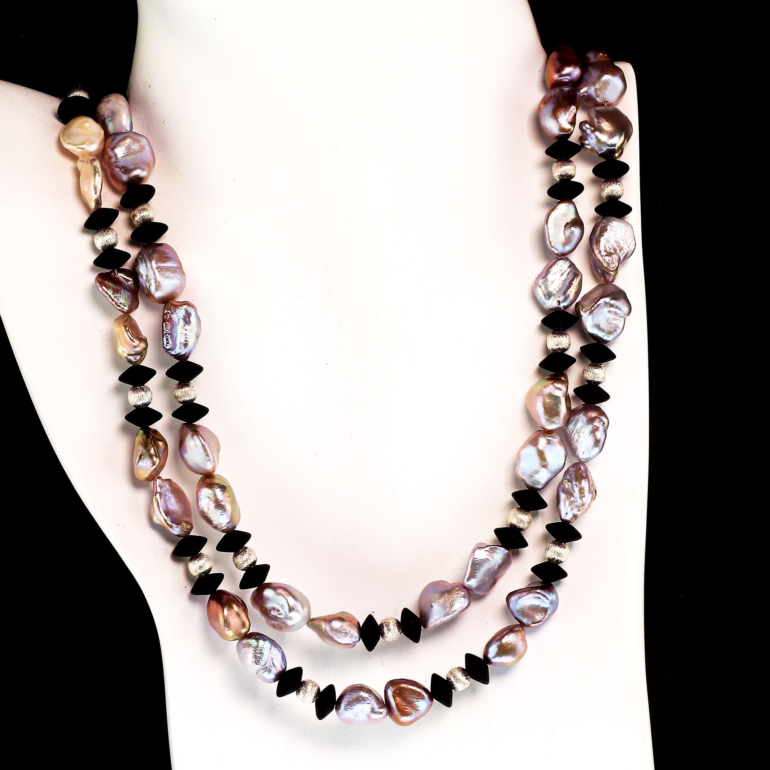 AJD 36 Inch Long and Lovely Silvery Pearls and Black Onyx Necklace In New Condition For Sale In Raleigh, NC