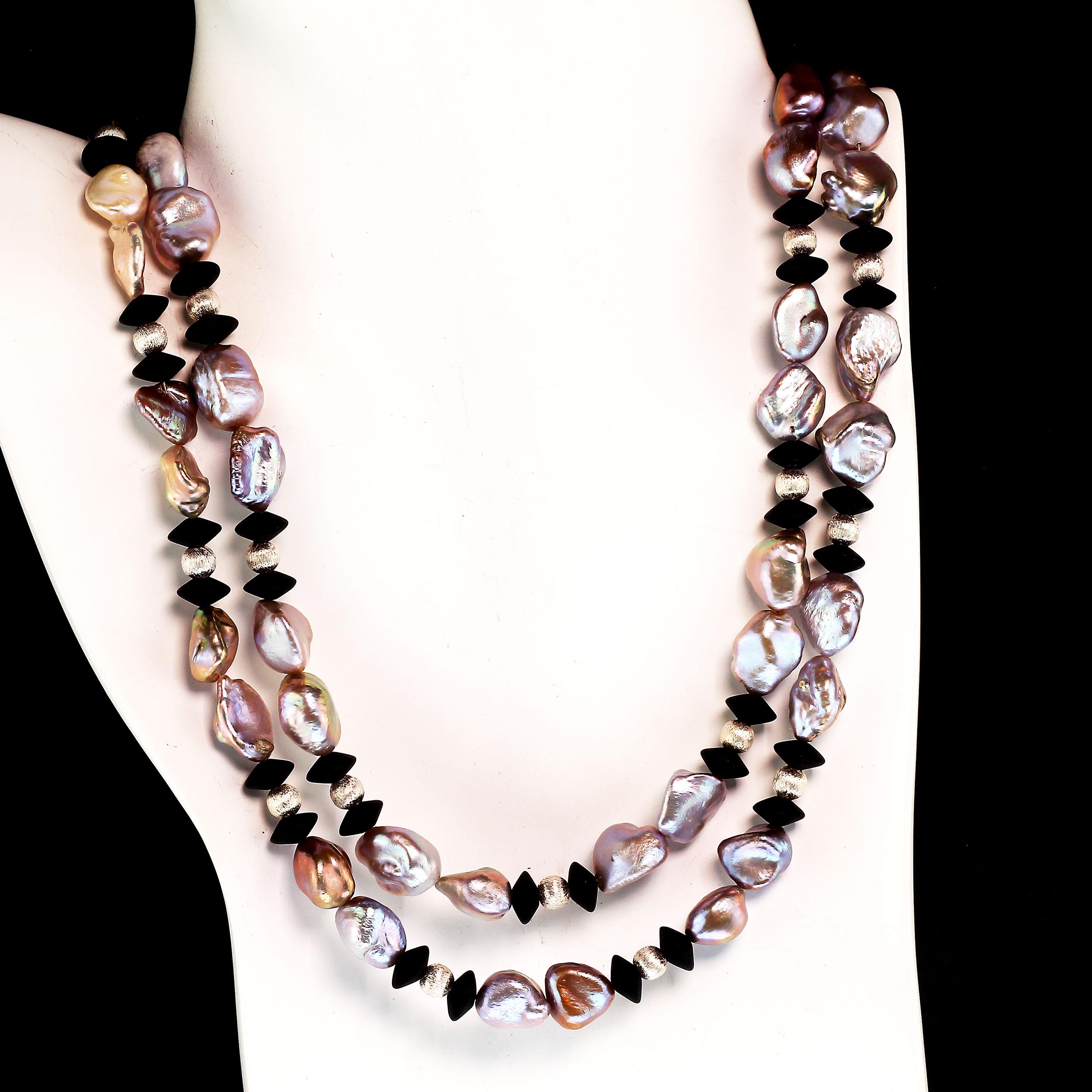 Bead AJD 36 Inch Long and Lovely Silvery Pearls and Black Onyx Necklace  For Sale