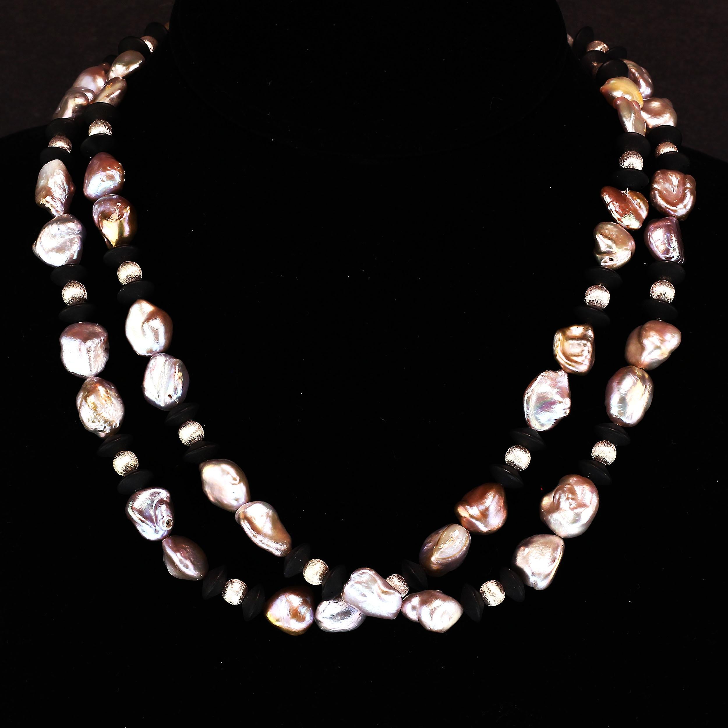 AJD 36 Inch Long and Lovely Silvery Pearls and Black Onyx Necklace  In New Condition For Sale In Raleigh, NC