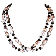 Iridescent Silvery Keshi Pearl and Matte Black Onyx Necklace, 36-Inch