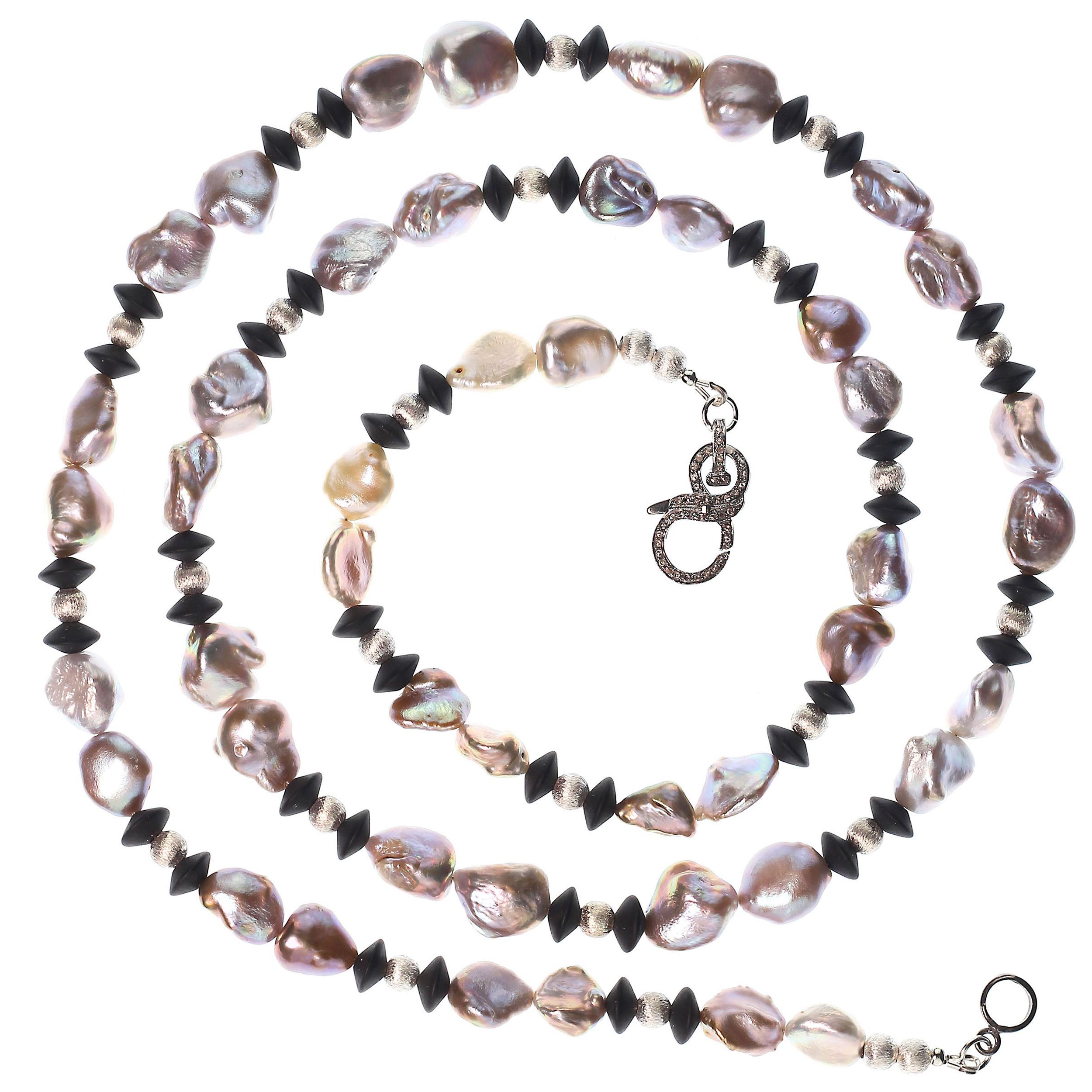 Artisan AJD 36 Inch Long and Lovely Silvery Pearls and Black Onyx Necklace  For Sale