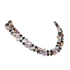 AJD Long and Lovely Silvery Pearls and Black Onyx Necklace June Birthstone