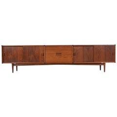 Used Long and Low Jens Risom Style Modern Walnut Credenza Media Cabinet by Galloway's
