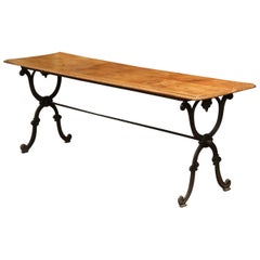 Long and Narrow 19th Century French Walnut and Iron Console Bistrot Table