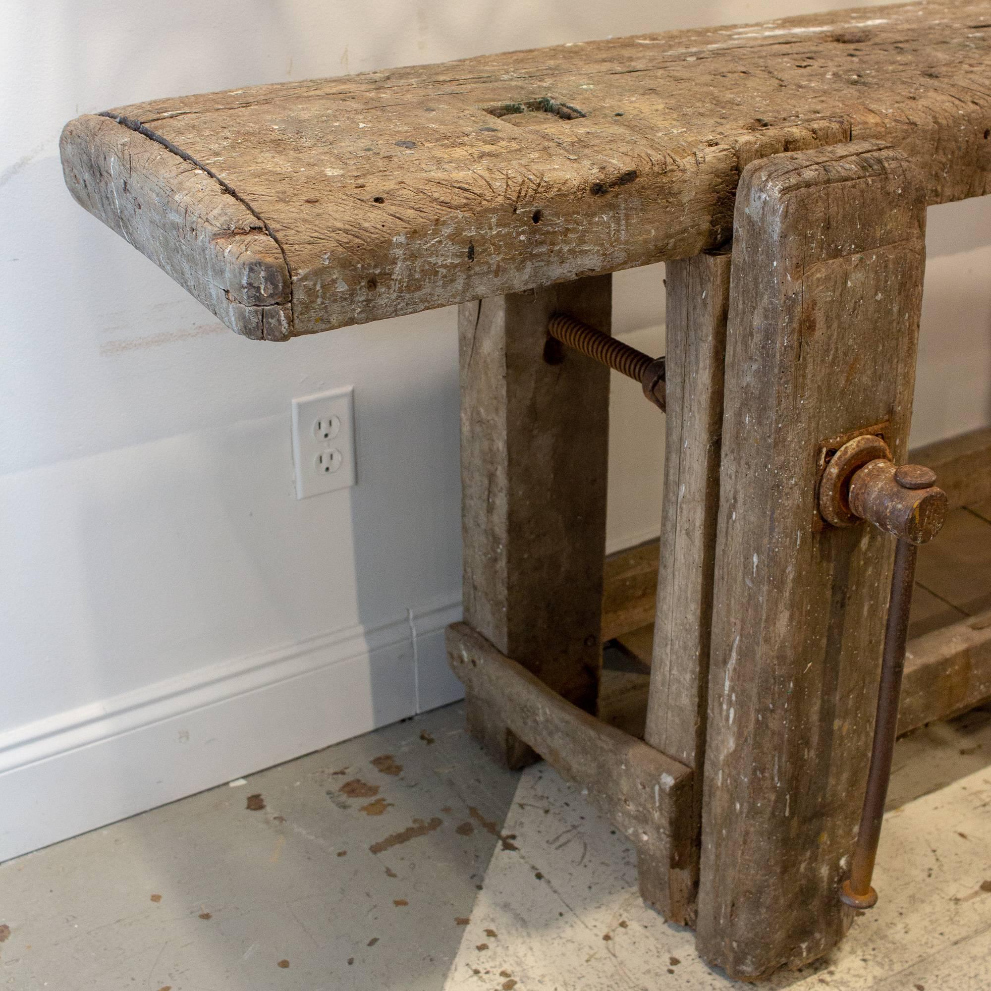 Long and Narrow Antique Industrial French Worktable Console In Distressed Condition In Houston, TX
