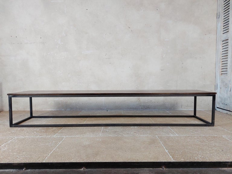 Long and Narrow Coffee Table Made of Antique Walnut with Modern Steel
