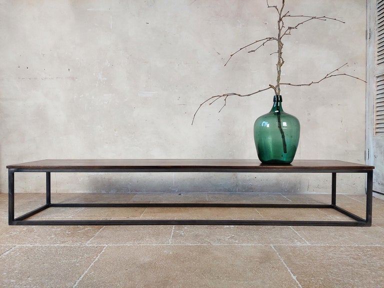Long and Narrow Coffee Table Made of Antique Walnut with Modern Steel