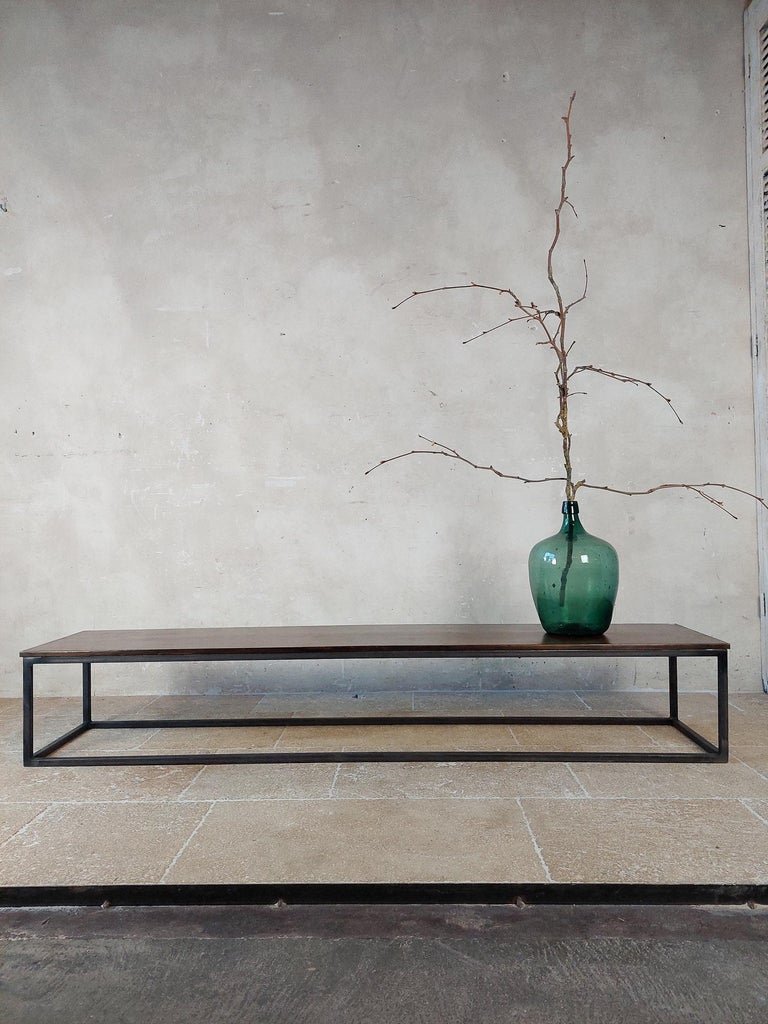 Long and Narrow Coffee Table Made of Antique Walnut with Modern Steel