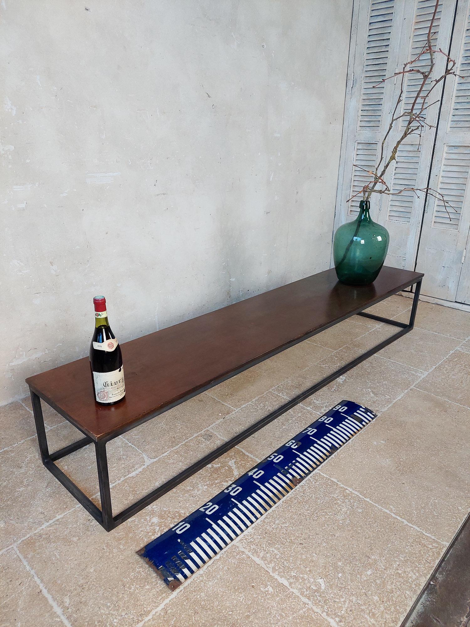 Dutch Long and Narrow Coffee Table Made of Antique Walnut with Modern Steel Frame For Sale