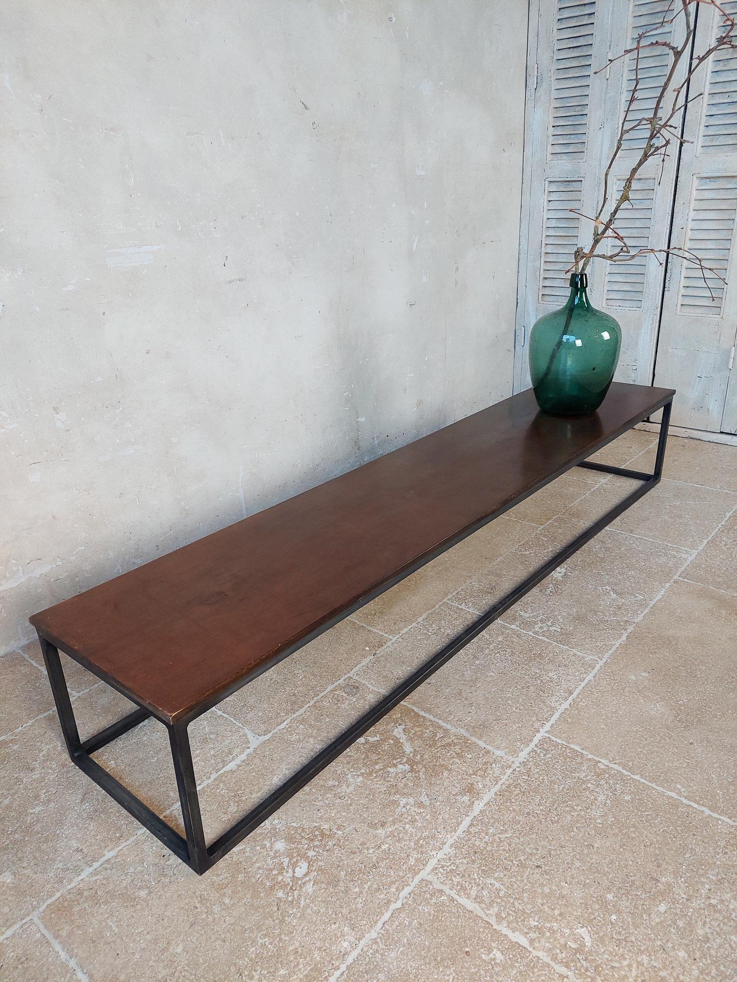 Long and Narrow Coffee Table Made of Antique Walnut with Modern Steel Frame In Good Condition For Sale In Baambrugge, NL