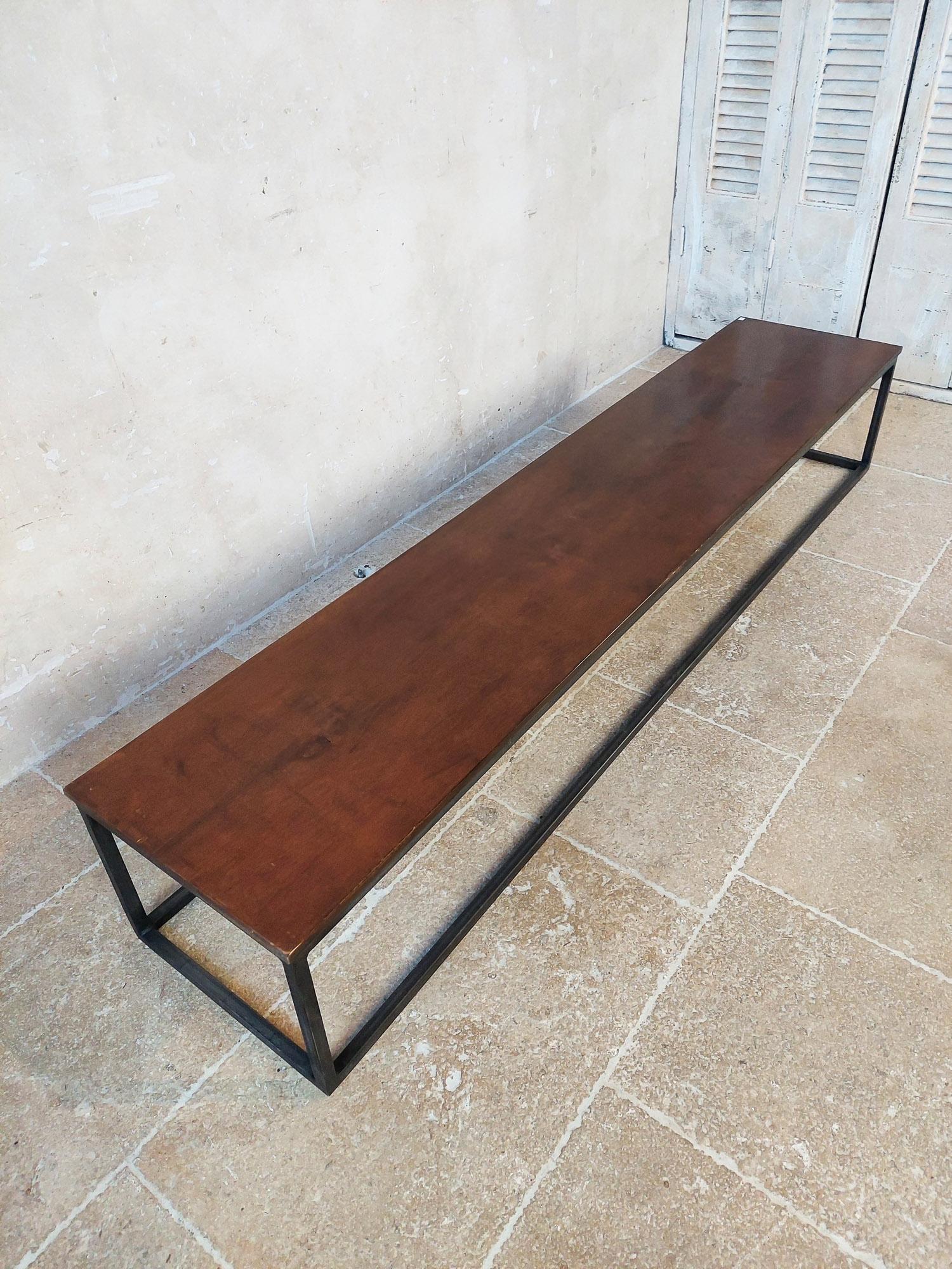 Contemporary Long and Narrow Coffee Table Made of Antique Walnut with Modern Steel Frame For Sale