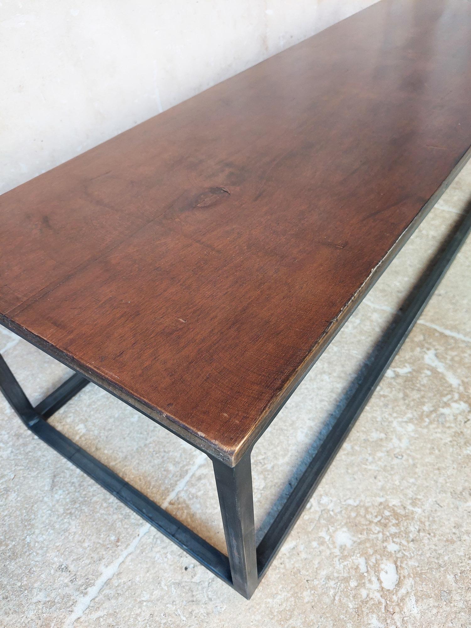 Long and Narrow Coffee Table Made of Antique Walnut with Modern Steel Frame For Sale 1