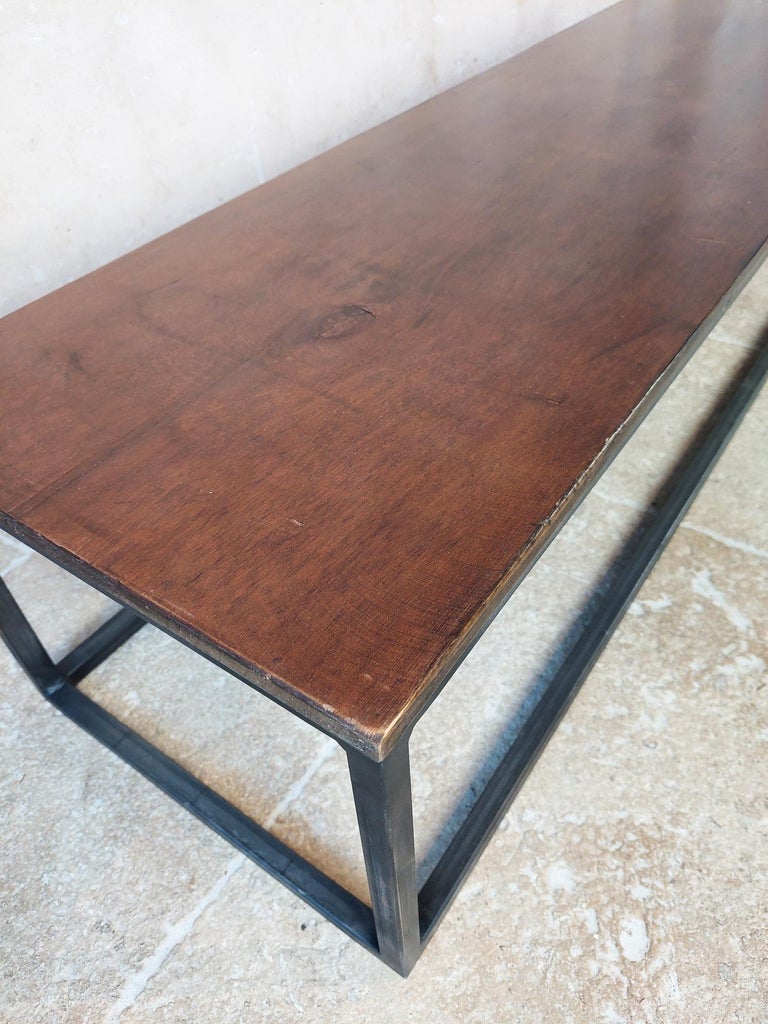 Long and Narrow Coffee Table Made of Antique Walnut with Modern Steel