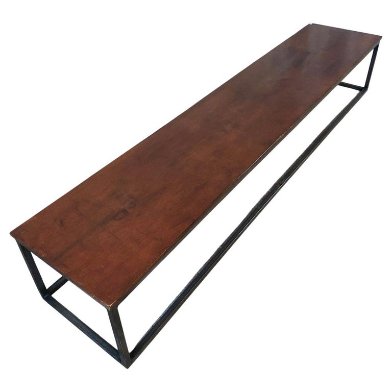Long and Narrow Coffee Table Made of Antique Walnut with Modern Steel