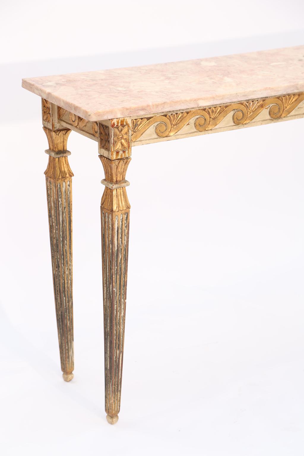 Hollywood Regency Long and Narrow Italian Parcel-Gilt Marble-Top Console with Scrolling Wave Apron