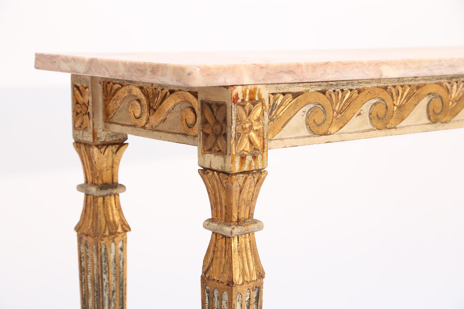 Carved Long and Narrow Italian Parcel-Gilt Marble-Top Console with Scrolling Wave Apron
