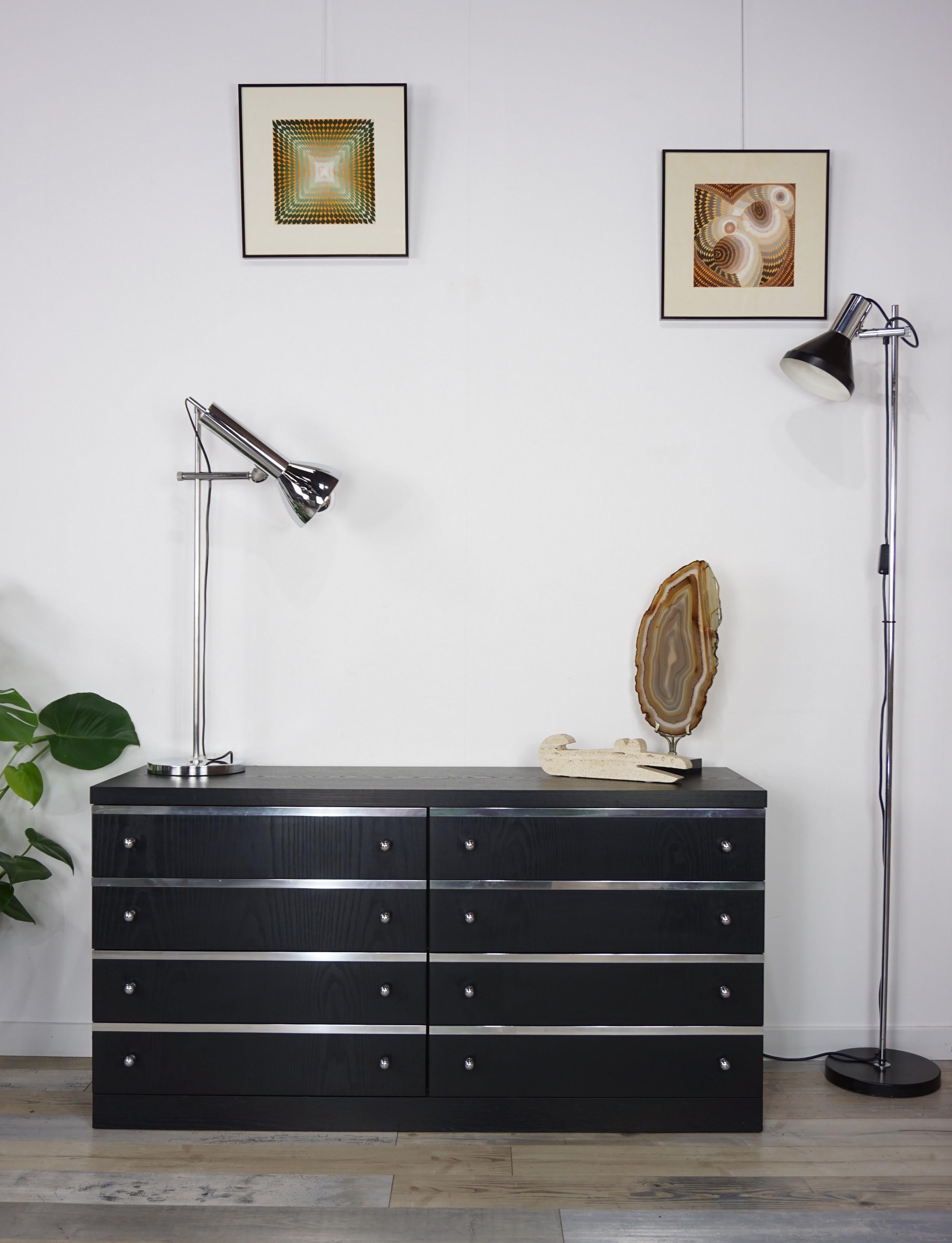 Long and Vintage Chest of Drawers in Black Wooden with Chrome Details 1