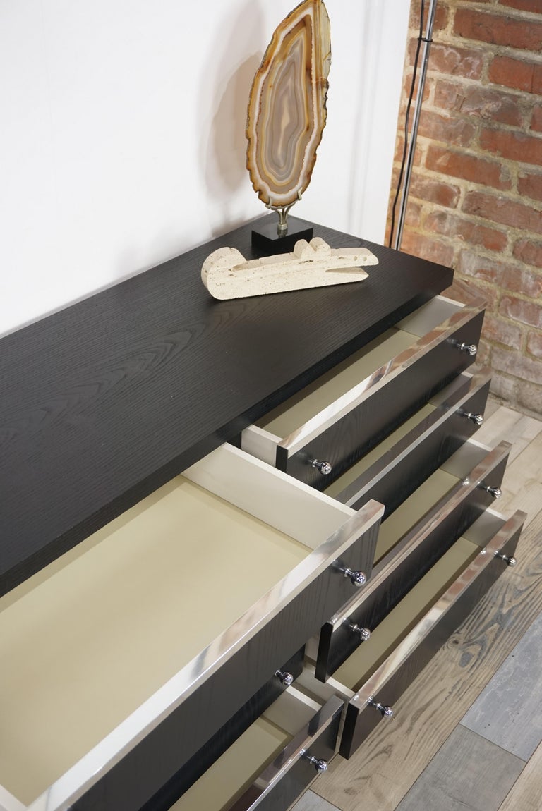 Long and Vintage Chest of Drawers in Black Wooden with Chrome Details