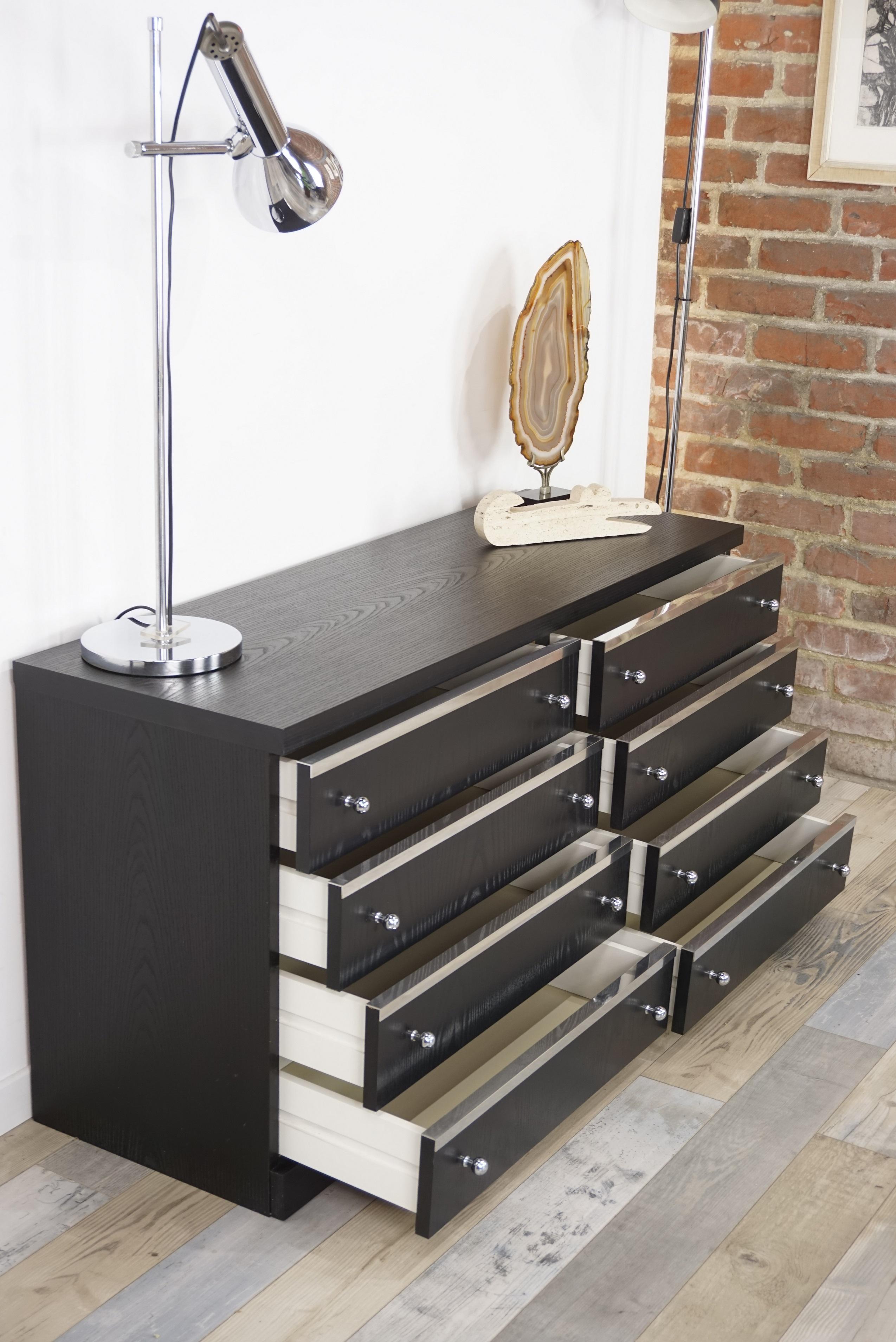 European Long and Vintage Chest of Drawers in Black Wooden with Chrome Details