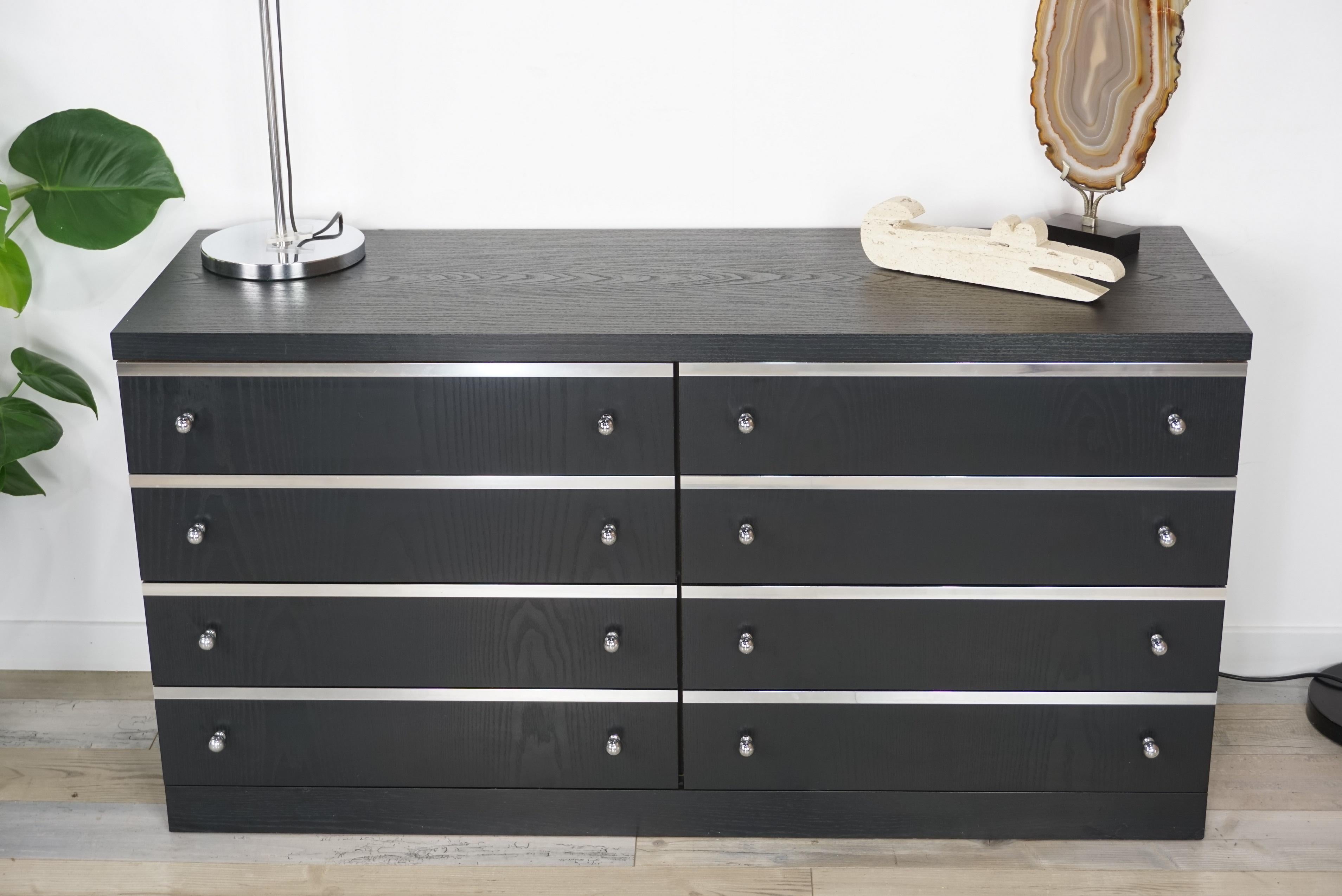 Long and Vintage Chest of Drawers in Black Wooden with Chrome Details In Excellent Condition In Tourcoing, FR