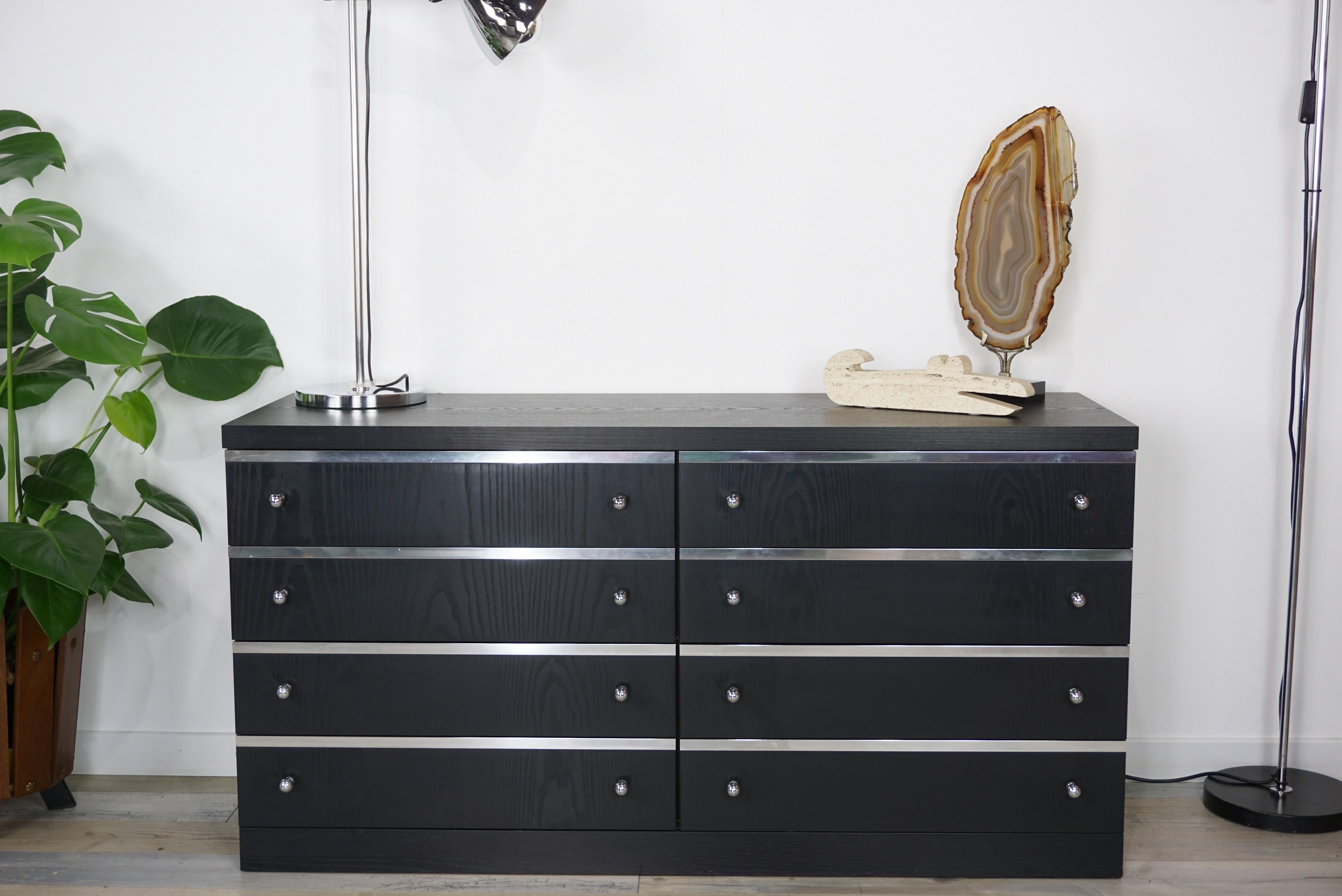 20th Century Long and Vintage Chest of Drawers in Black Wooden with Chrome Details