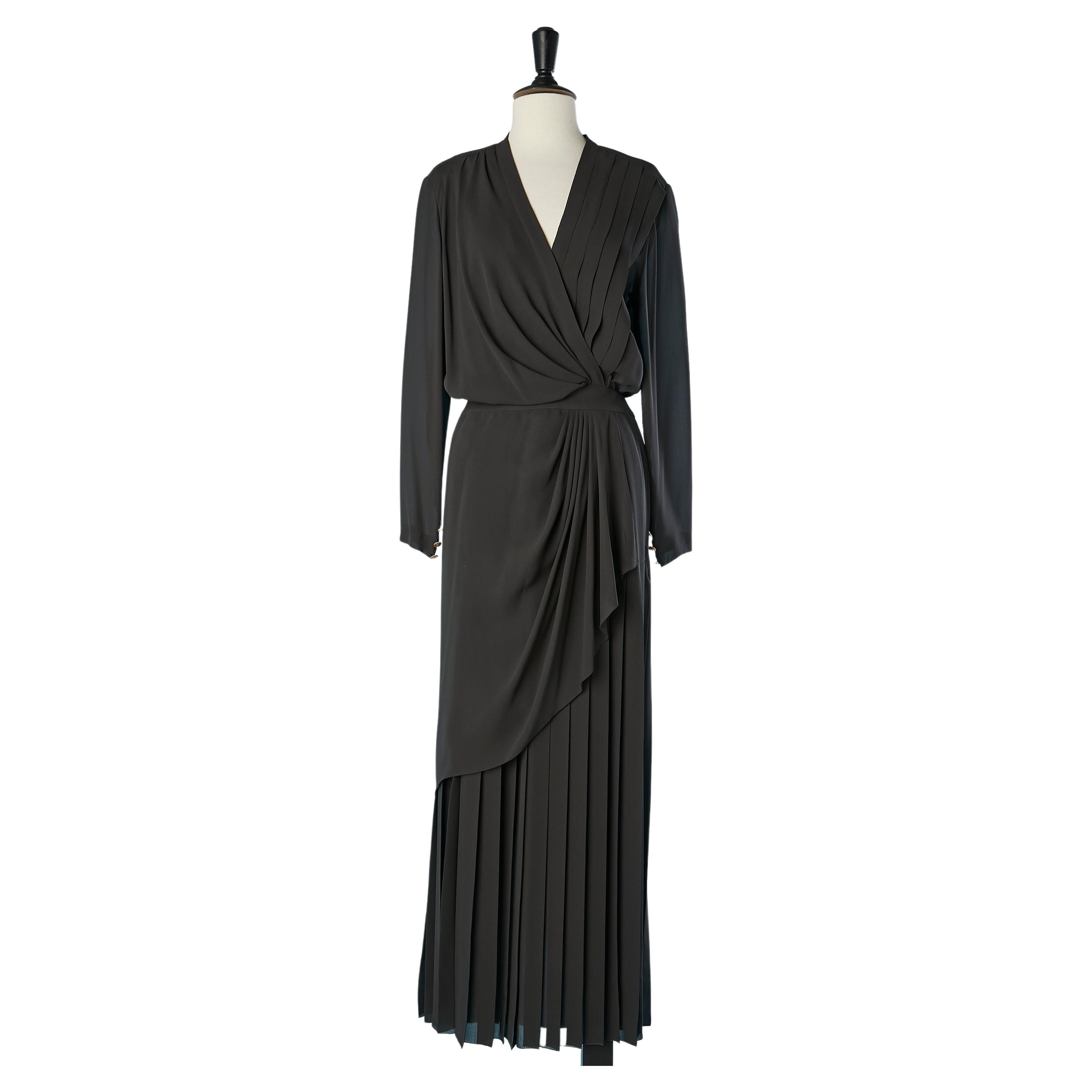 Long anthracite silk chiffon evening dress wrapped and pleated Chanel Boutique  For Sale
