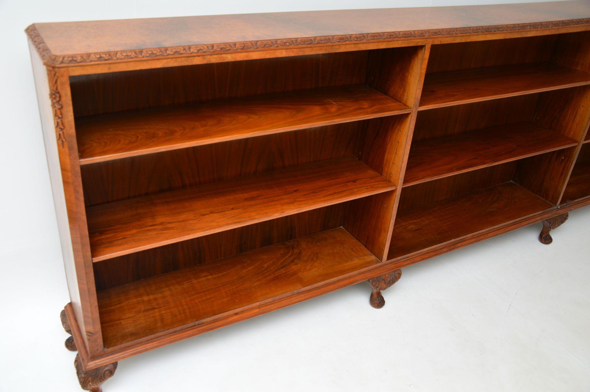 Long Antique Burr Walnut Open Bookcase In Good Condition In London, GB