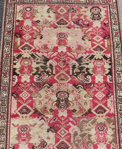 Long Antique Caucasian Karabagh Runner with Ivory and Rose Field Design