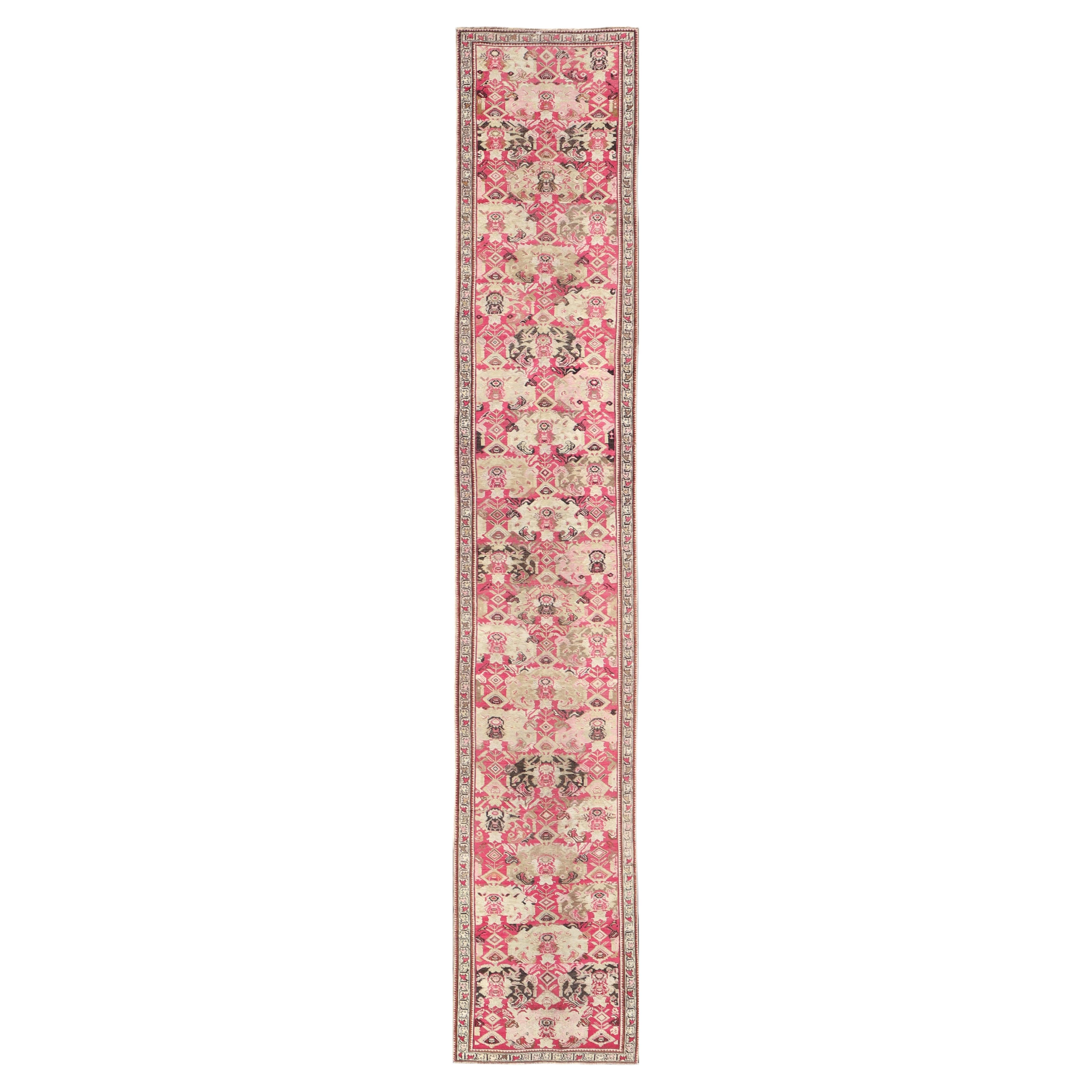 Long Antique Caucasian Karabagh Runner with Ivory and Rose Field Design