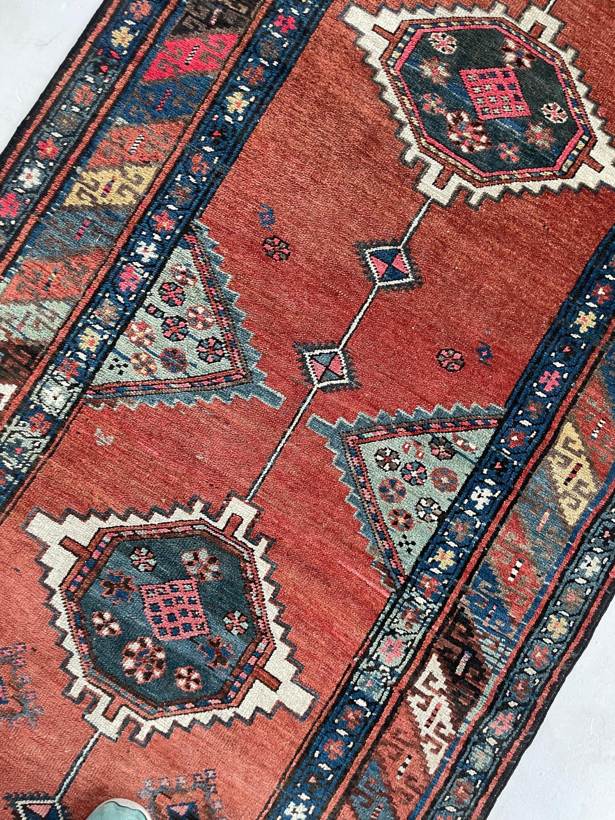 Tuscan Dream Long Antique Caucasian runner Clay, Amber, Umber, Denim, Walnut, Beige

About: Nomadic beauty! You will see the tuscan sunset and terrain all in one - this raw and super raw piece is woven in hand-spun wool with natural wool
